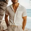 Men's Casual Breathable Linen Striped Lapel Patch Pocket Slim Fit Short Sleeve Shirt MTA2969E9M sold by Manly
