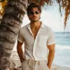 Men's Casual Breathable Linen Striped Lapel Patch Pocket Slim Fit Short Sleeve Shirt MTA2969E9M sold by Manly