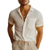 Men's Casual Breathable Linen Striped Lapel Patch Pocket Slim Fit Short Sleeve Shirt MTA2969E9M sold by Manly
