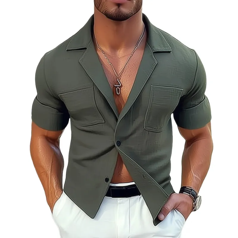 Men's Casual Cotton Cuban Collar Patch Pocket Slim Fit Short Sleeve Shirt MTA2923E1M sold by Manly