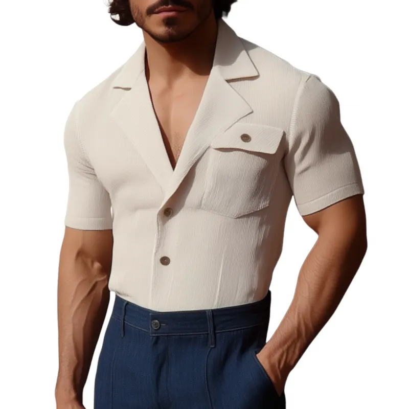 Men's Casual Cotton Blend Ribbed Cuban Collar Chest Pocket Slim Fit Short Sleeve Shirt MTA2925E7M sold by Manly