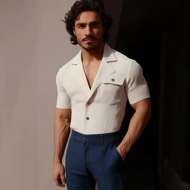 Men's Casual Cotton Blend Ribbed Cuban Collar Chest Pocket Slim Fit Short Sleeve Shirt MTA2925E7M sold by Manly product image thumbnail 3