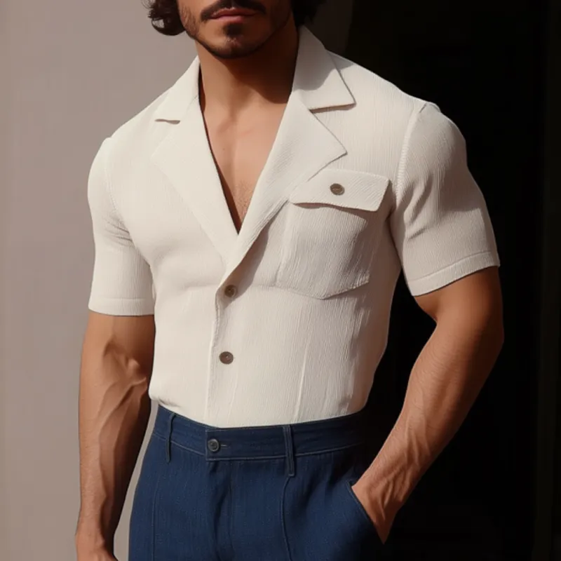 Men's Casual Cotton Blend Ribbed Cuban Collar Chest Pocket Slim Fit Short Sleeve Shirt MTA2925E7M sold by Manly product image thumbnail 2