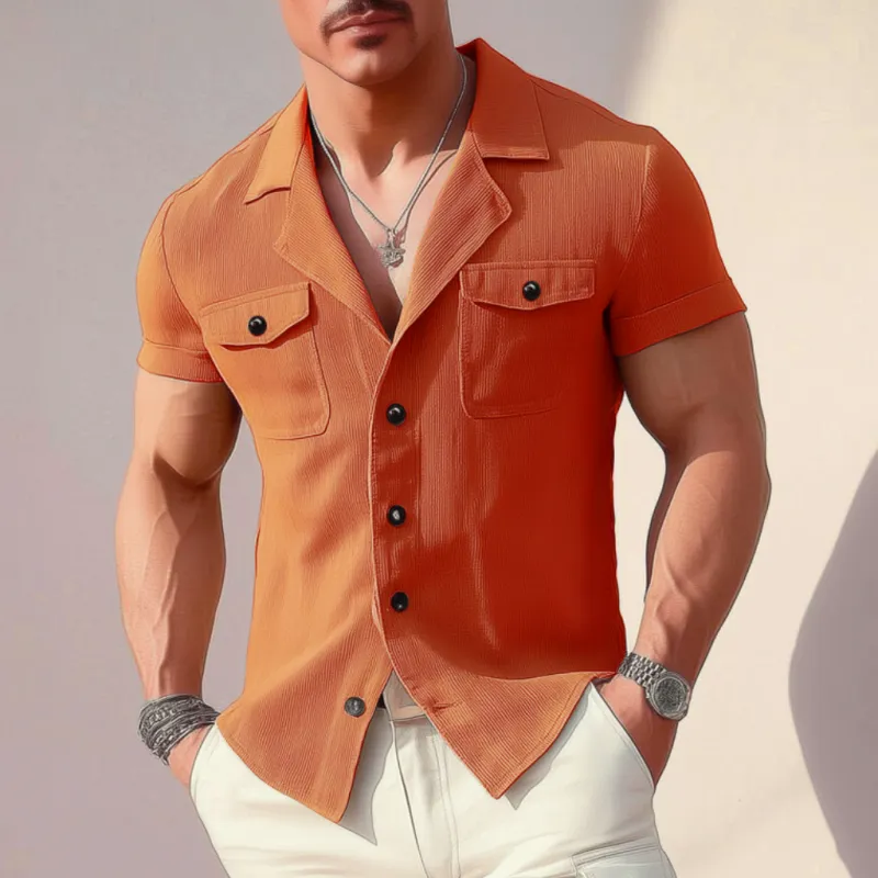 Men's Casual Cotton Blend Ribbed Cuban Collar Chest Pocket Slim Fit Short Sleeve Shirt MTA2958E7M sold by Manly product image thumbnail 2