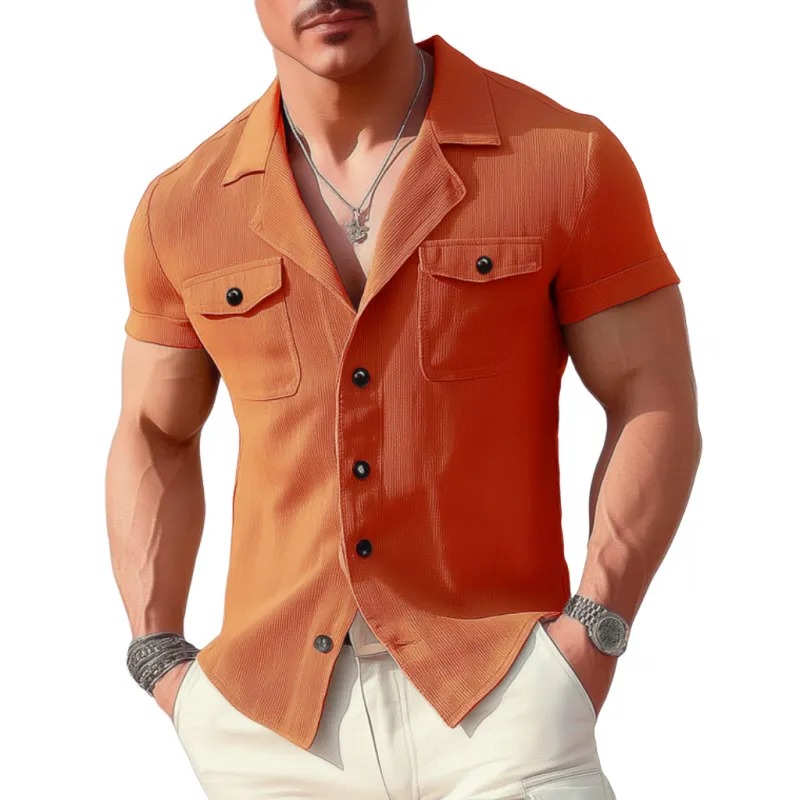 Men's Casual Cotton Blend Ribbed Cuban Collar Chest Pocket Slim Fit Short Sleeve Shirt MTA2958E7M sold by Manly