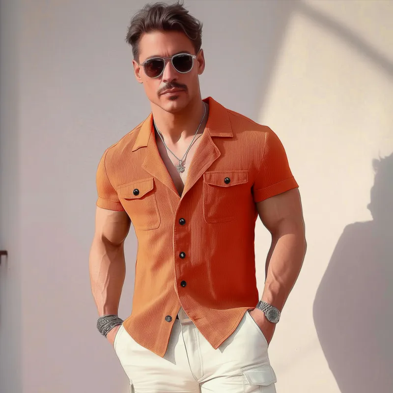 Men's Casual Cotton Blend Ribbed Cuban Collar Chest Pocket Slim Fit Short Sleeve Shirt MTA2958E7M sold by Manly product image thumbnail 3