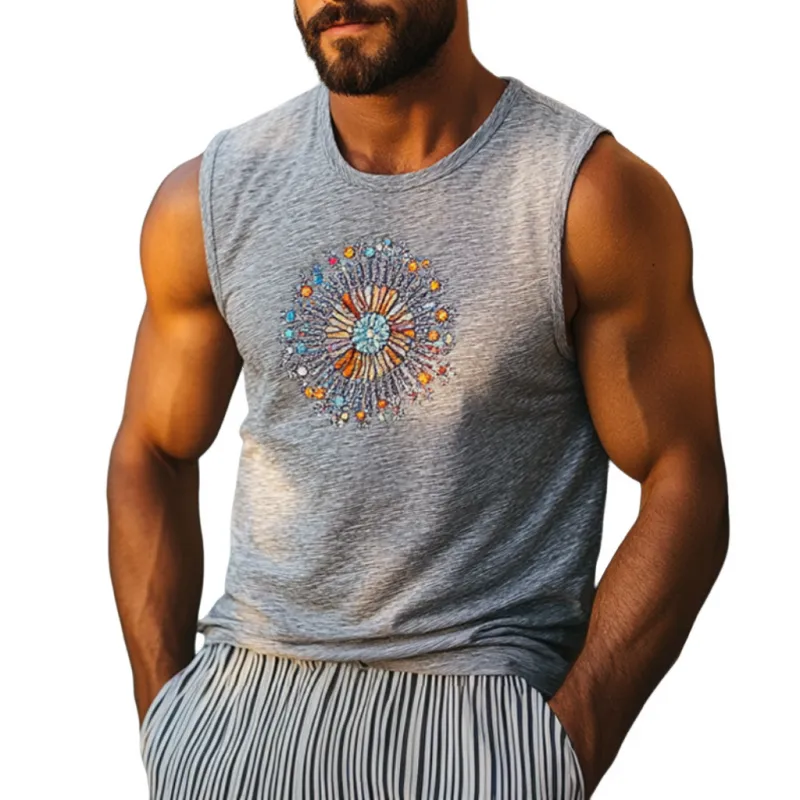 Men's Bohemian Embroidered Breathable Bamboo Cotton Round Neck Slim Fit Tank Top MTA2918E1M sold by Manly