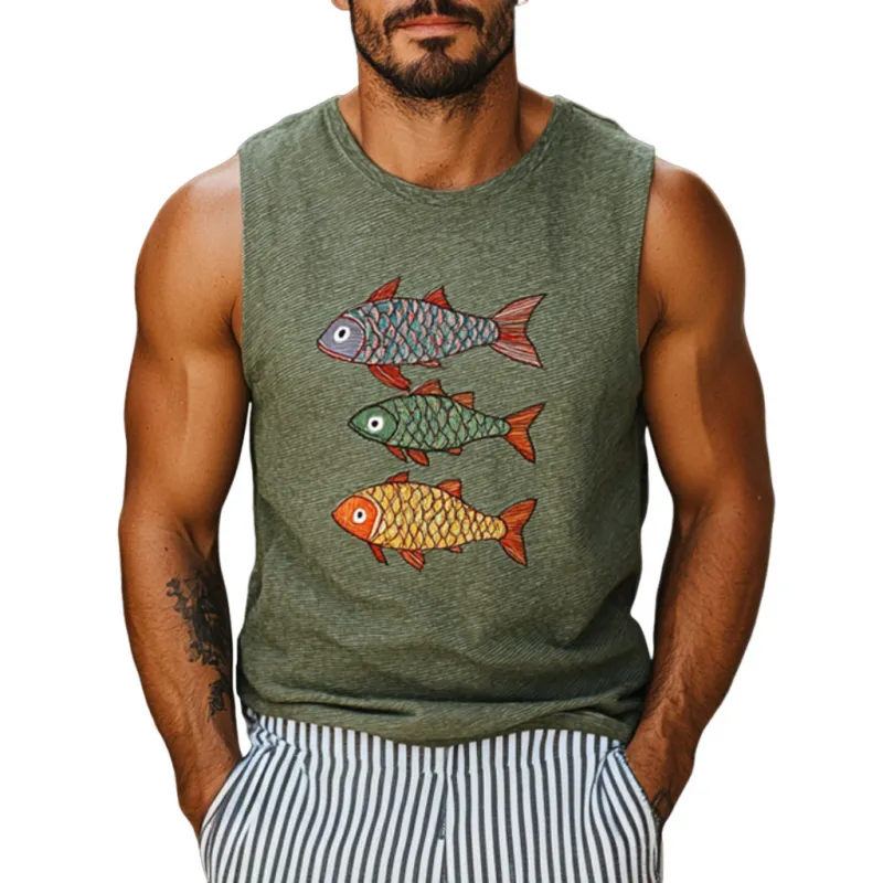 Men's Casual Striped Cotton Fish Embroidery Round Neck Slim Tank Top MTA2902E7M sold by Manly