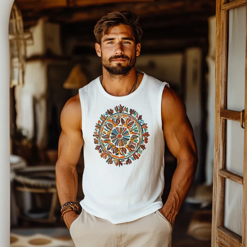 Men's Bohemian Embroidered Breathable Cotton Round Neck Slim Fit Tank Top MTA2947E3M sold by Manly product image thumbnail 3