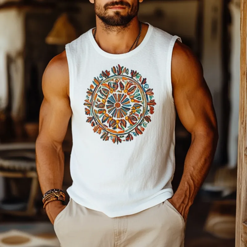Men's Bohemian Embroidered Breathable Cotton Round Neck Slim Fit Tank Top MTA2947E3M sold by Manly product image thumbnail 2