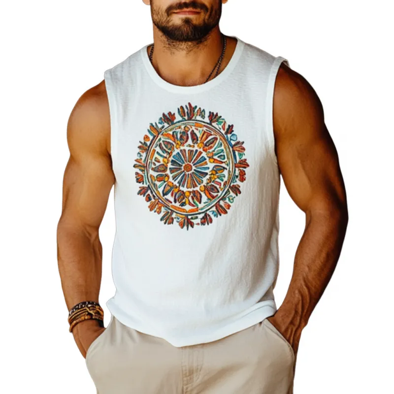 Men's Bohemian Embroidered Breathable Cotton Round Neck Slim Fit Tank Top MTA2947E3M sold by Manly