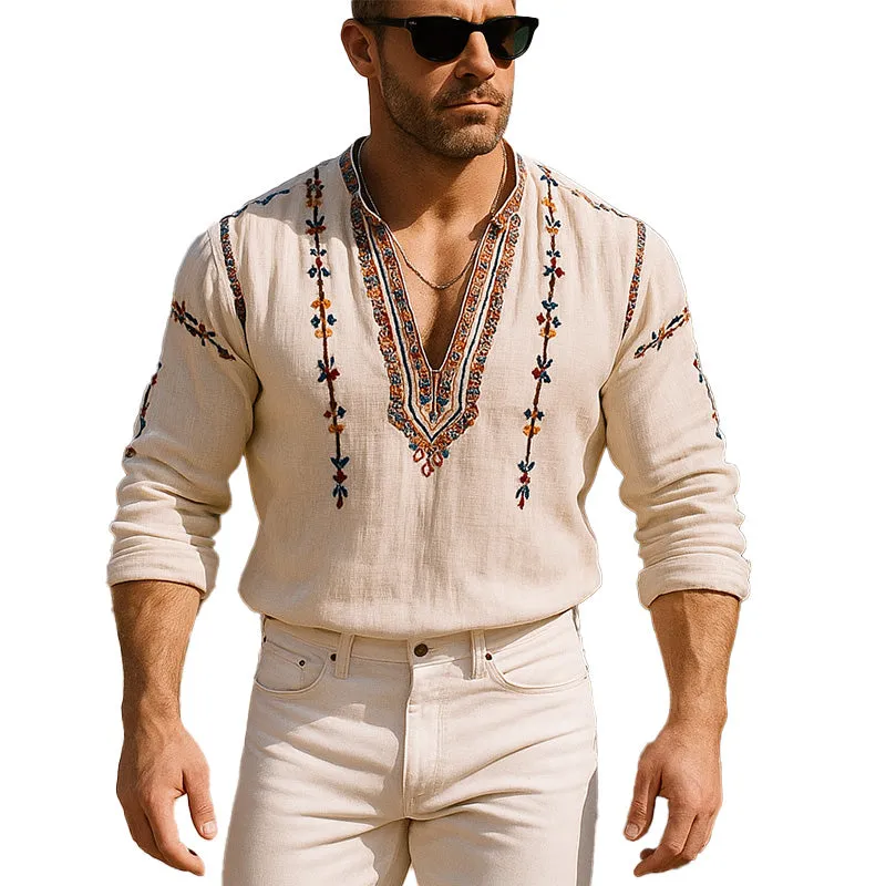 Men's Summer Fashion Embroidered Linen Long Sleeve Shirt MTA3062E7P sold by Manly