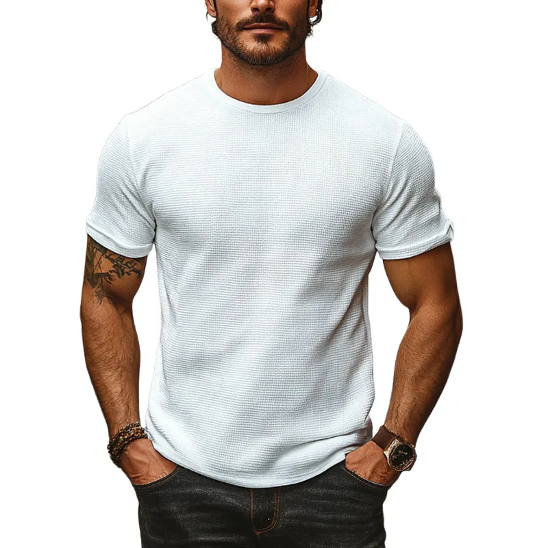Men's Solid Color Waffle Round Neck Short Sleeve T-Shirt MTA2929E4X sold by Manly