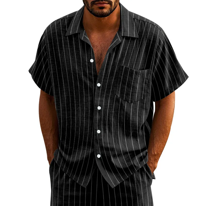 Men's Loose Cotton And Linen Striped Print Short-Sleeved Shirt MTA3077E7X sold by Manly product image thumbnail 3