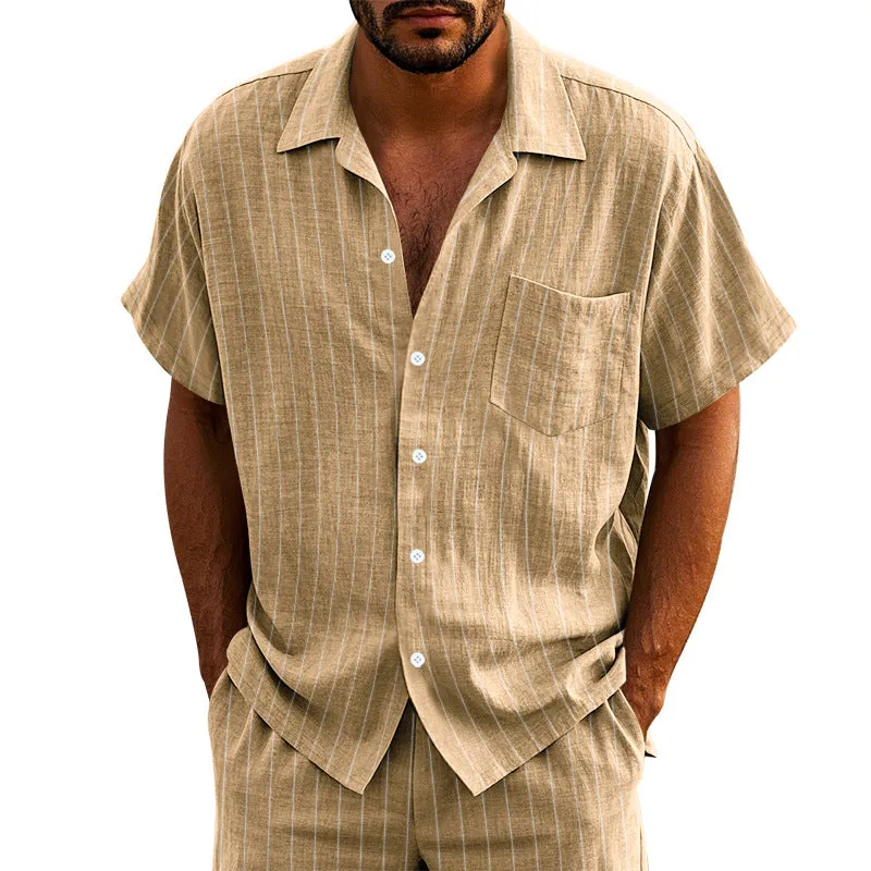 Men's Loose Cotton And Linen Striped Print Short-Sleeved Shirt MTA3077E7X sold by Manly