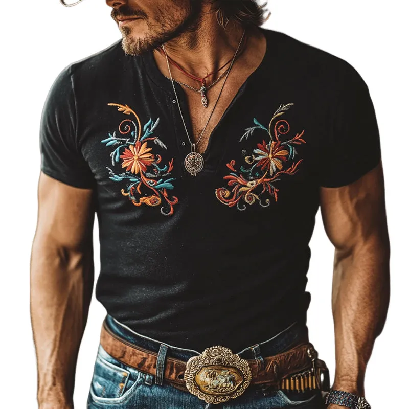 Men's Vintage Colorful Floral Embroidery V-Neck Short Sleeve T-Shirt MTA0377F2X sold by Manly