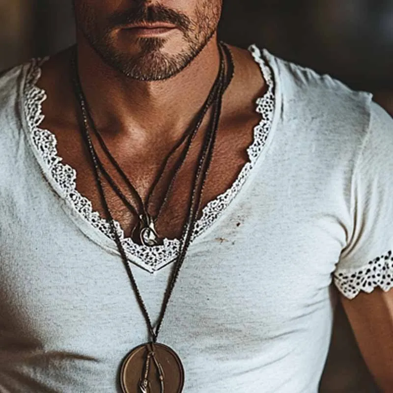 Men's Solid Color Cotton Blend V-Neck Lace Stitching Short-Sleeved T-Shirt MTA0371F3X sold by Manly product image thumbnail 3