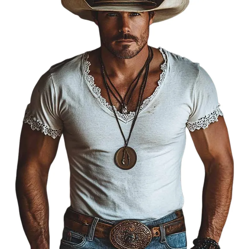 Men's Solid Color Cotton Blend V-Neck Lace Stitching Short-Sleeved T-Shirt MTA0371F3X sold by Manly