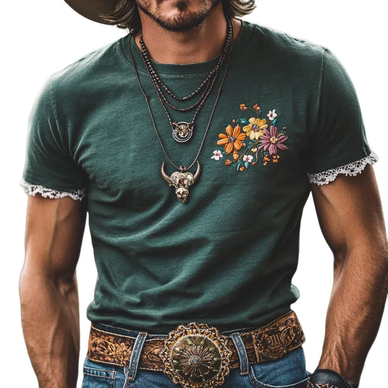 Men's Cotton Blend Embroidered Lace Short-Sleeved T-Shirt MTA0369F4X sold by Manly