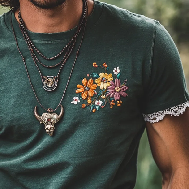 Men's Cotton Blend Embroidered Lace Short-Sleeved T-Shirt MTA0369F4X sold by Manly product image thumbnail 3