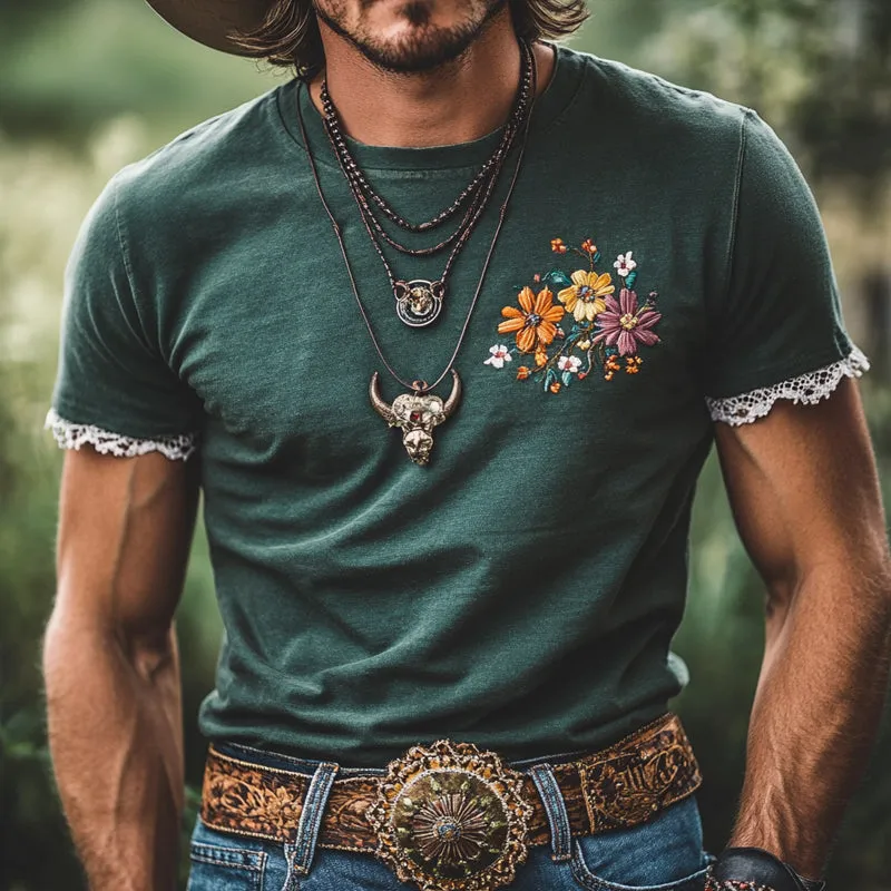 Men's Cotton Blend Embroidered Lace Short-Sleeved T-Shirt MTA0369F4X sold by Manly product image thumbnail 2