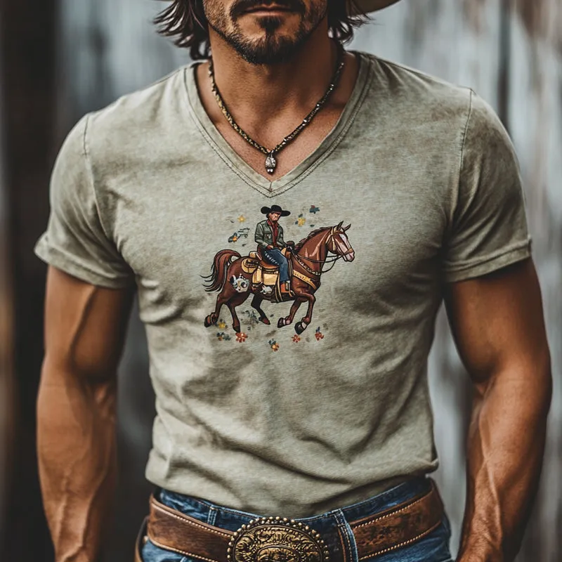 Men's Retro Western Cowboy Print V-Neck Short Sleeve T-Shirt MTA0380F8X sold by Manly product image thumbnail 2