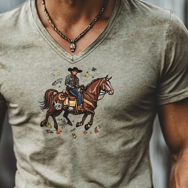 Men's Retro Western Cowboy Print V-Neck Short Sleeve T-Shirt MTA0380F8X sold by Manly product image thumbnail 3