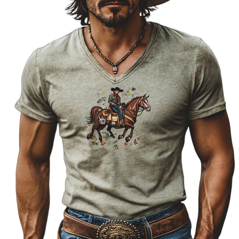 Men's Retro Western Cowboy Print V-Neck Short Sleeve T-Shirt MTA0380F8X sold by Manly