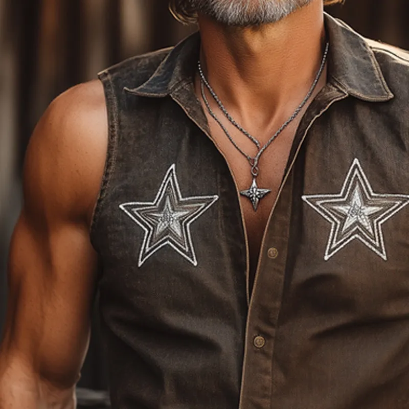 Men's Summer Star Embroidered Denim Sleeveless Shirt MTA3005E0U sold by Manly product image thumbnail 4
