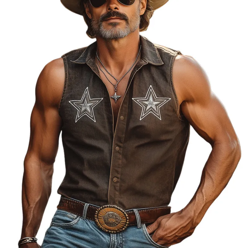 Men's Summer Star Embroidered Denim Sleeveless Shirt MTA3005E0U sold by Manly