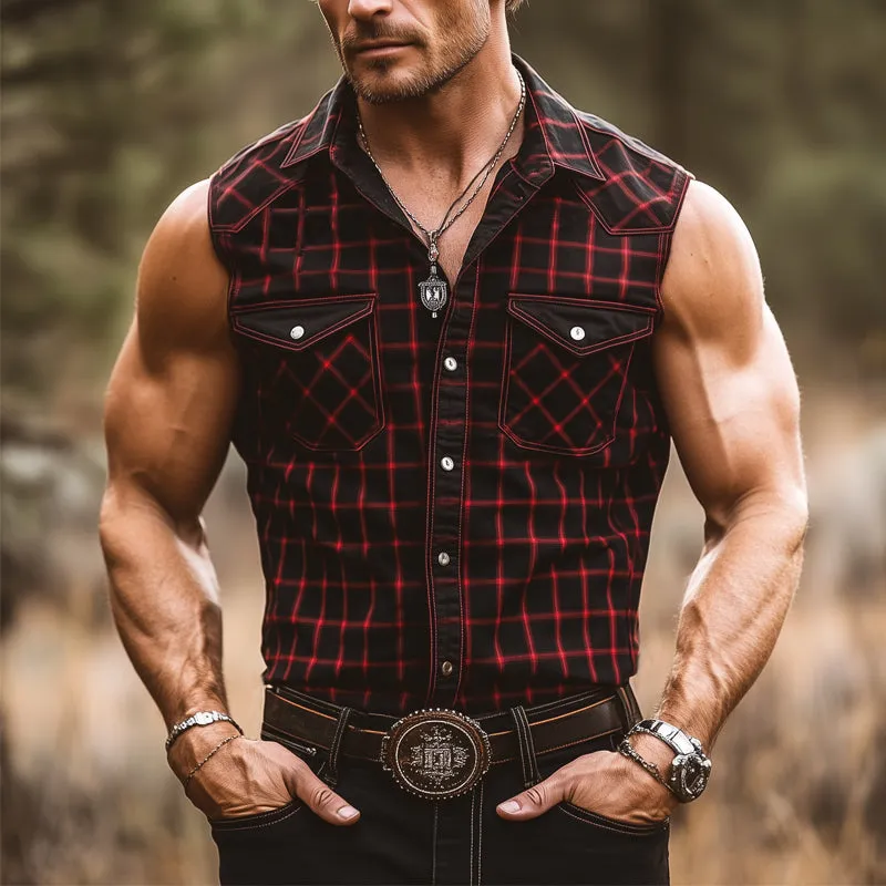 Men's Summer Vintage Plaid Button-Down Sleeveless Shirt MTA0370F9U sold by Manly product image thumbnail 2