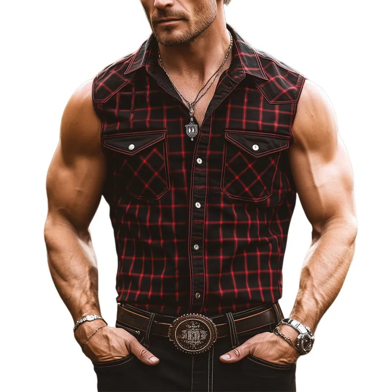 Men's Summer Vintage Plaid Button-Down Sleeveless Shirt MTA0370F9U sold by Manly