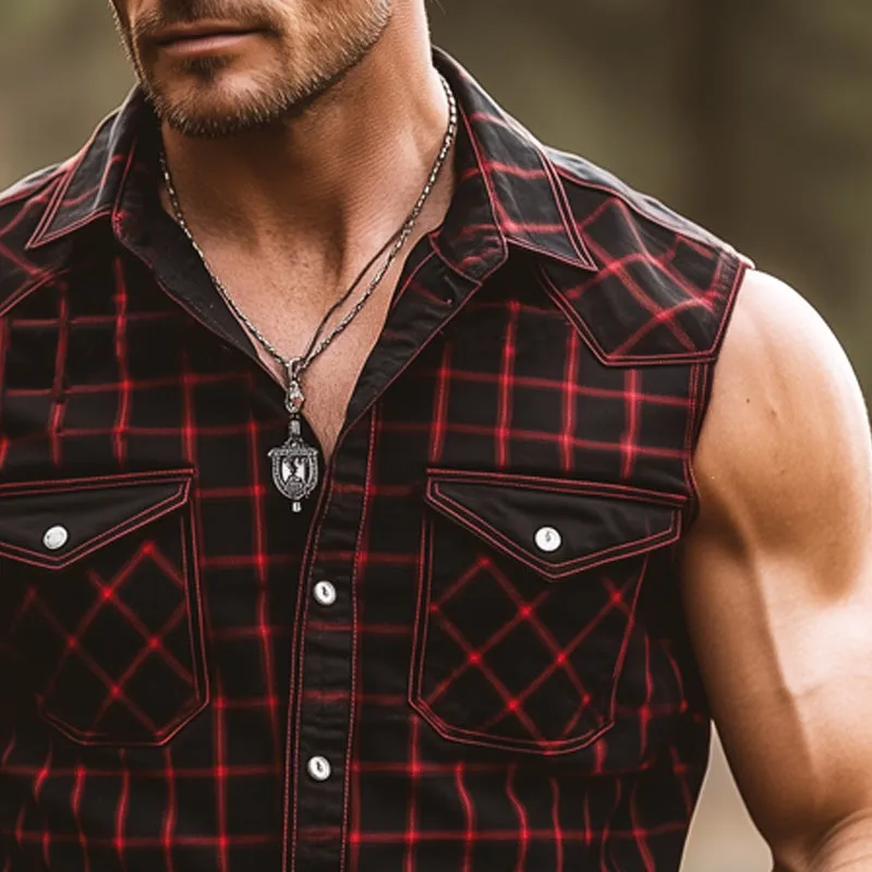 Men's Summer Vintage Plaid Button-Down Sleeveless Shirt MTA0370F9U sold by Manly product image thumbnail 3
