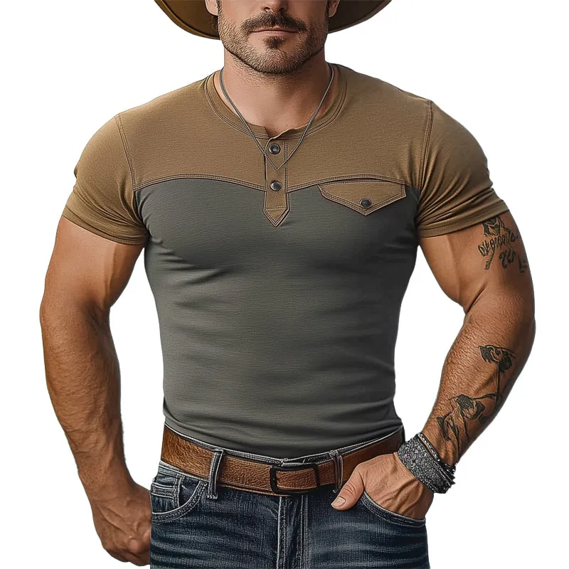 Men's Summer Business Colorblock Henley Collar Short Sleeve T-Shirt MTA0304F5U sold by Manly