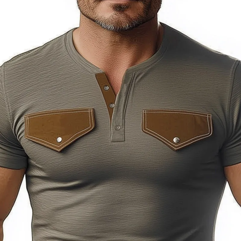 Men's Summer Cotton Henley Neck Suede Stitching Short Sleeve T-Shirt MTA0342F4U sold by Manly product image thumbnail 3