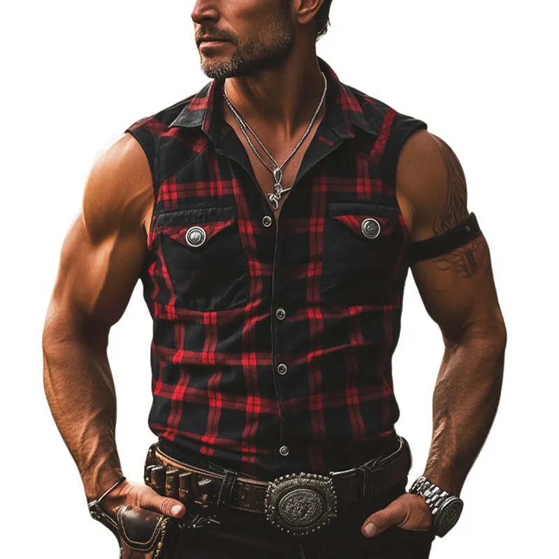 Men's Summer Vintage Plaid Button-Down Sleeveless Shirt MTA0334F0U sold by Manly