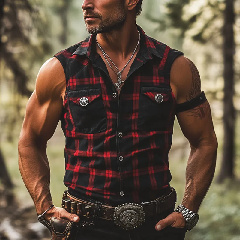 Men's Summer Vintage Plaid Button-Down Sleeveless Shirt MTA0334F0U sold by Manly product image thumbnail 2