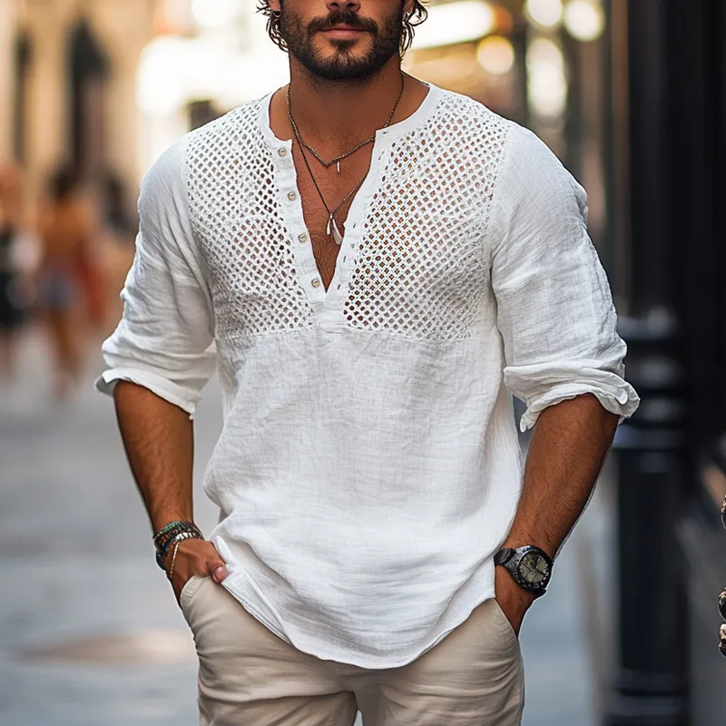 Men's Solid Color Hollow Out Stitching Cotton And Linen Henley Collar Long Sleeve Shirt MTA0322F1Z sold by Manly product image thumbnail 2