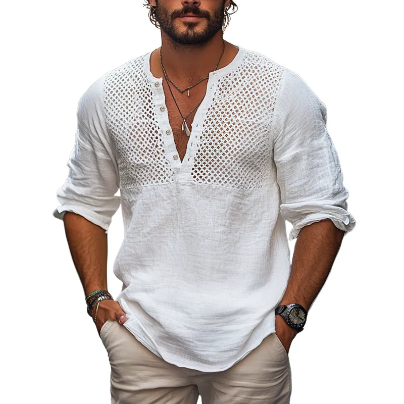 Men's Solid Color Hollow Out Stitching Cotton And Linen Henley Collar Long Sleeve Shirt MTA0322F1Z sold by Manly