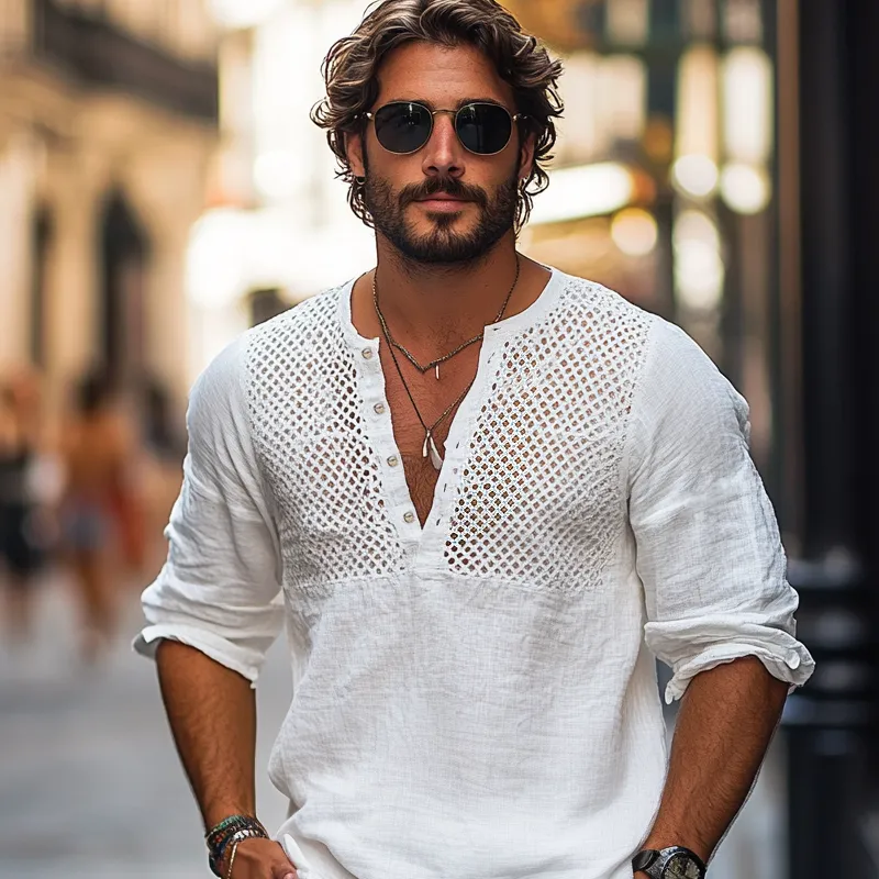 Men's Solid Color Hollow Out Stitching Cotton And Linen Henley Collar Long Sleeve Shirt MTA0322F1Z sold by Manly product image thumbnail 3