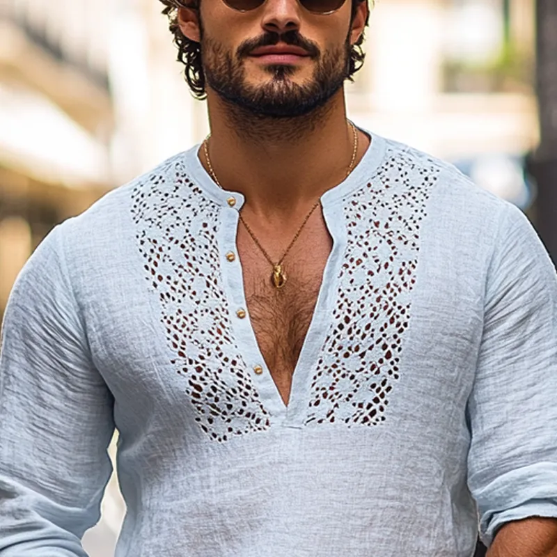 Men's Solid Color Hollow Out Stitching Cotton And Linen Henley Collar Long Sleeve Shirt MTA0340F9Z sold by Manly product image thumbnail 4