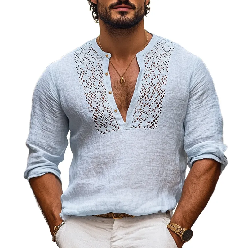 Men's Solid Color Hollow Out Stitching Cotton And Linen Henley Collar Long Sleeve Shirt MTA0340F9Z sold by Manly