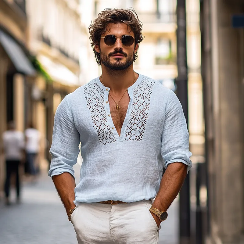 Men's Solid Color Hollow Out Stitching Cotton And Linen Henley Collar Long Sleeve Shirt MTA0340F9Z sold by Manly product image thumbnail 3