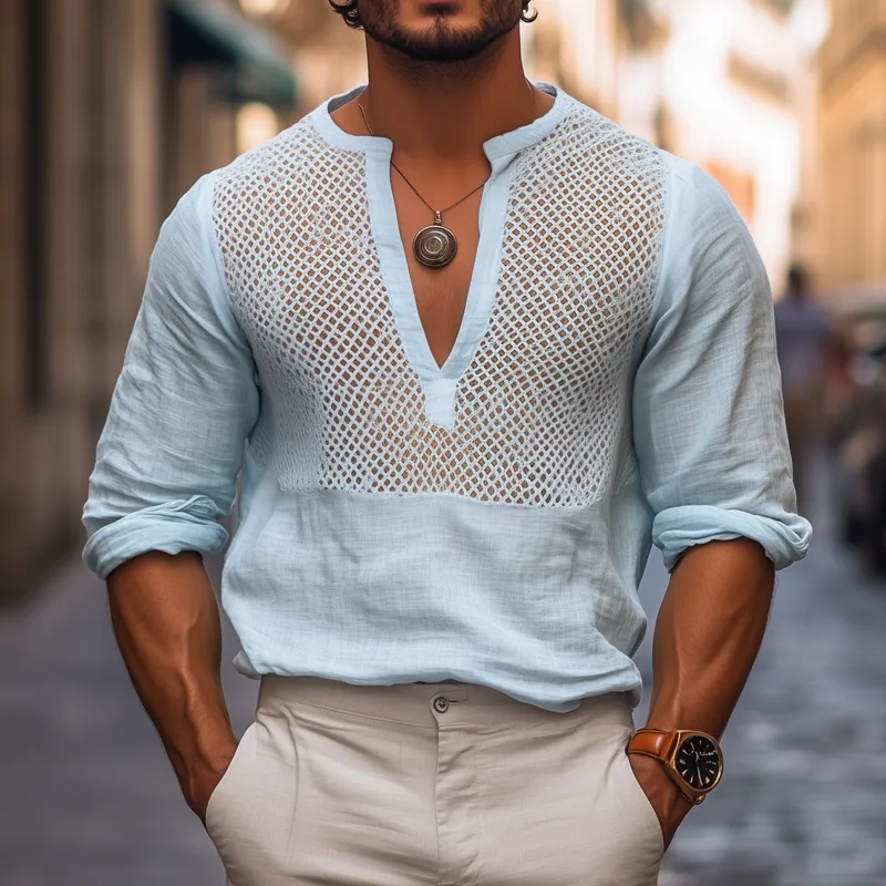 Men's Solid Color Hollow Out Stitching Cotton And Linen V Neck Long Sleeve Shirt MTA0386F8Z sold by Manly product image thumbnail 2