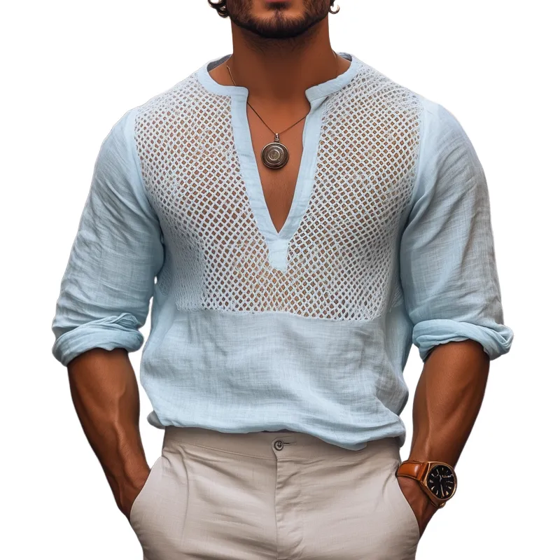 Men's Solid Color Hollow Out Stitching Cotton And Linen V Neck Long Sleeve Shirt MTA0386F8Z sold by Manly