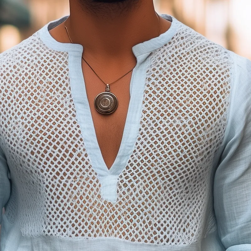 Men's Solid Color Hollow Out Stitching Cotton And Linen V Neck Long Sleeve Shirt MTA0386F8Z sold by Manly product image thumbnail 3