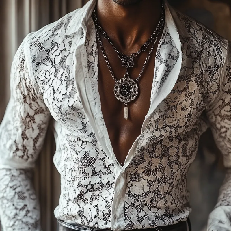 Men's Solid Color Lace Lapel Long Sleeve Shirt MTA0384F3Z sold by Manly product image thumbnail 3