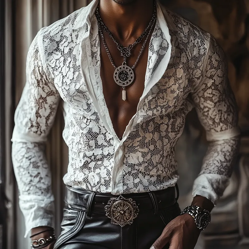 Men's Solid Color Lace Lapel Long Sleeve Shirt MTA0384F3Z sold by Manly product image thumbnail 2
