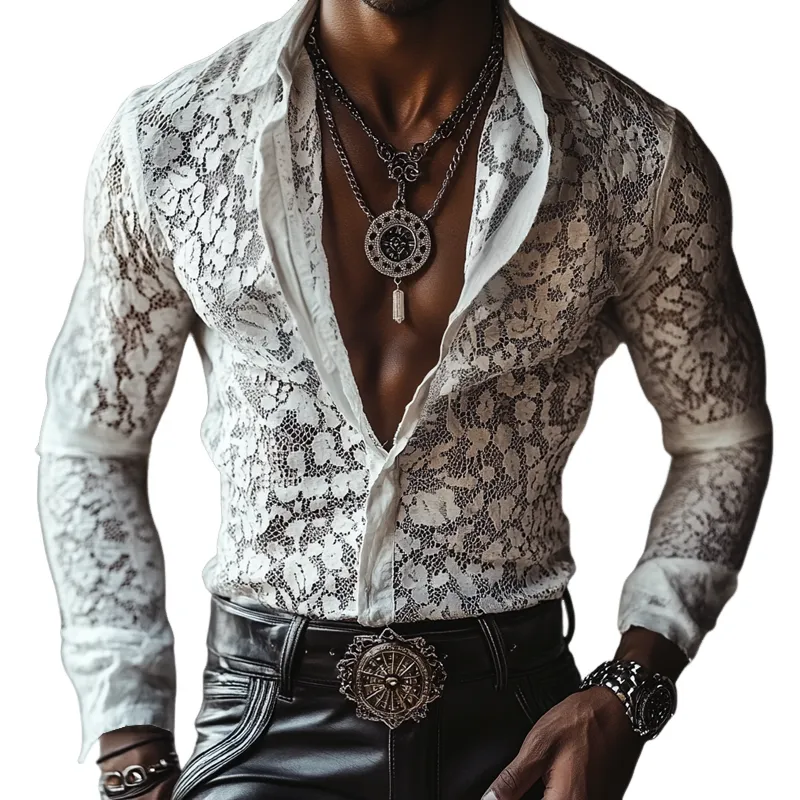 Men's Solid Color Lace Lapel Long Sleeve Shirt MTA0384F3Z sold by Manly
