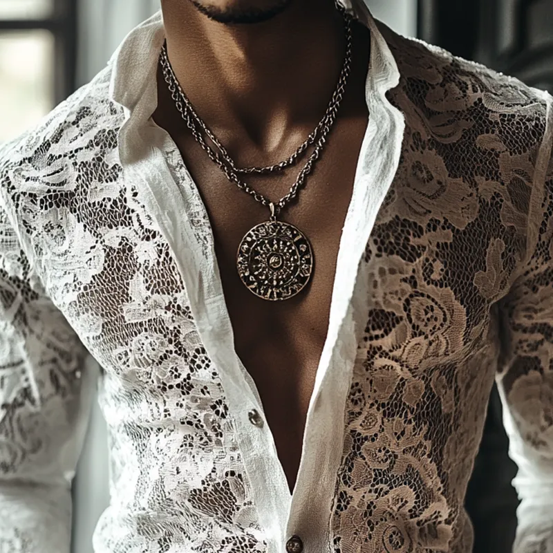 Men's Solid Color Lace Stand Collar Long Sleeve Shirt MTA0386F7Z sold by Manly product image thumbnail 3